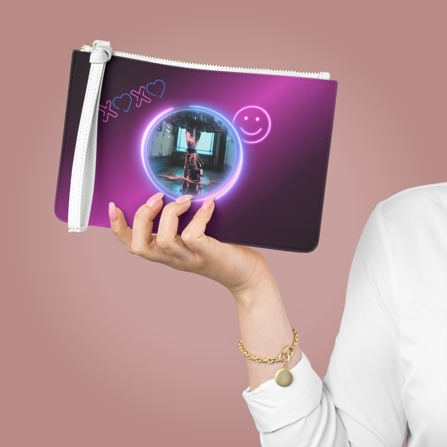 Neon Smiley & Sweet Script Clutch Bag | Retro Pink Purple Aesthetic